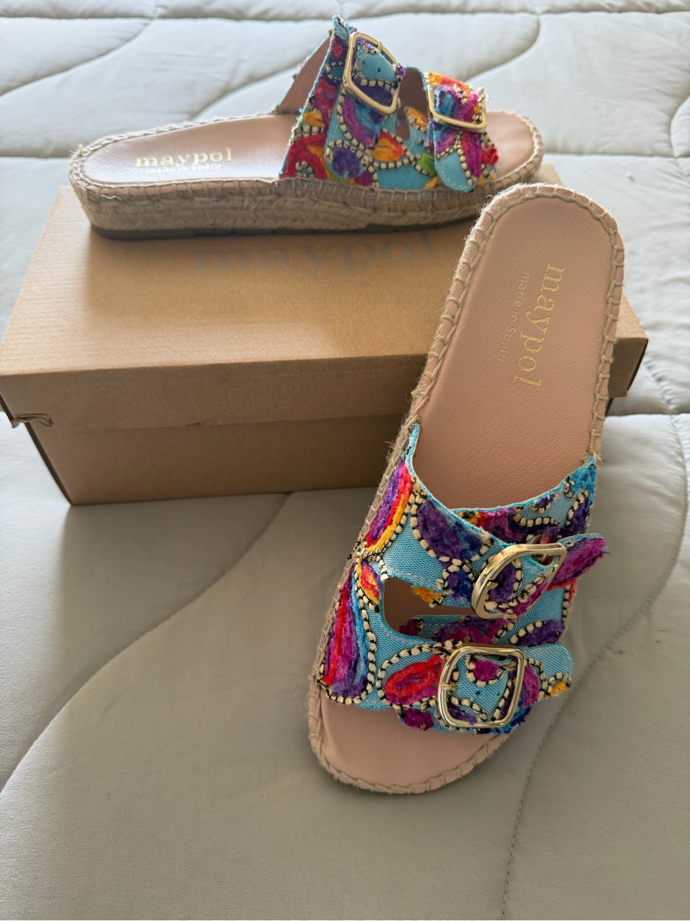 Maypol Turquoise Multicolor Slide Sandals - Size 40, 9 1/2